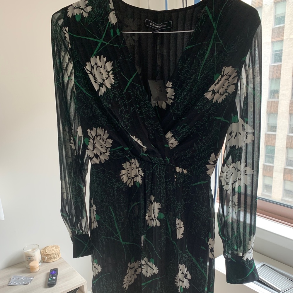 BCBG black floral pleat dress